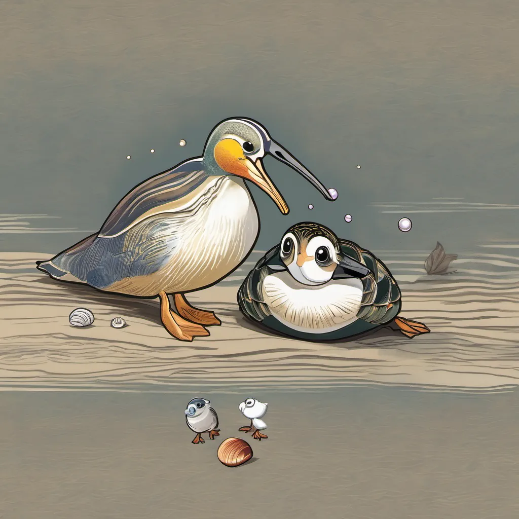 The A cheerful clam with a pearl-like sheen, often basking in the sunlight lying contently while the A playful snipe bird with a long beak, often seen pecking curiously around gently pecks at the shell.