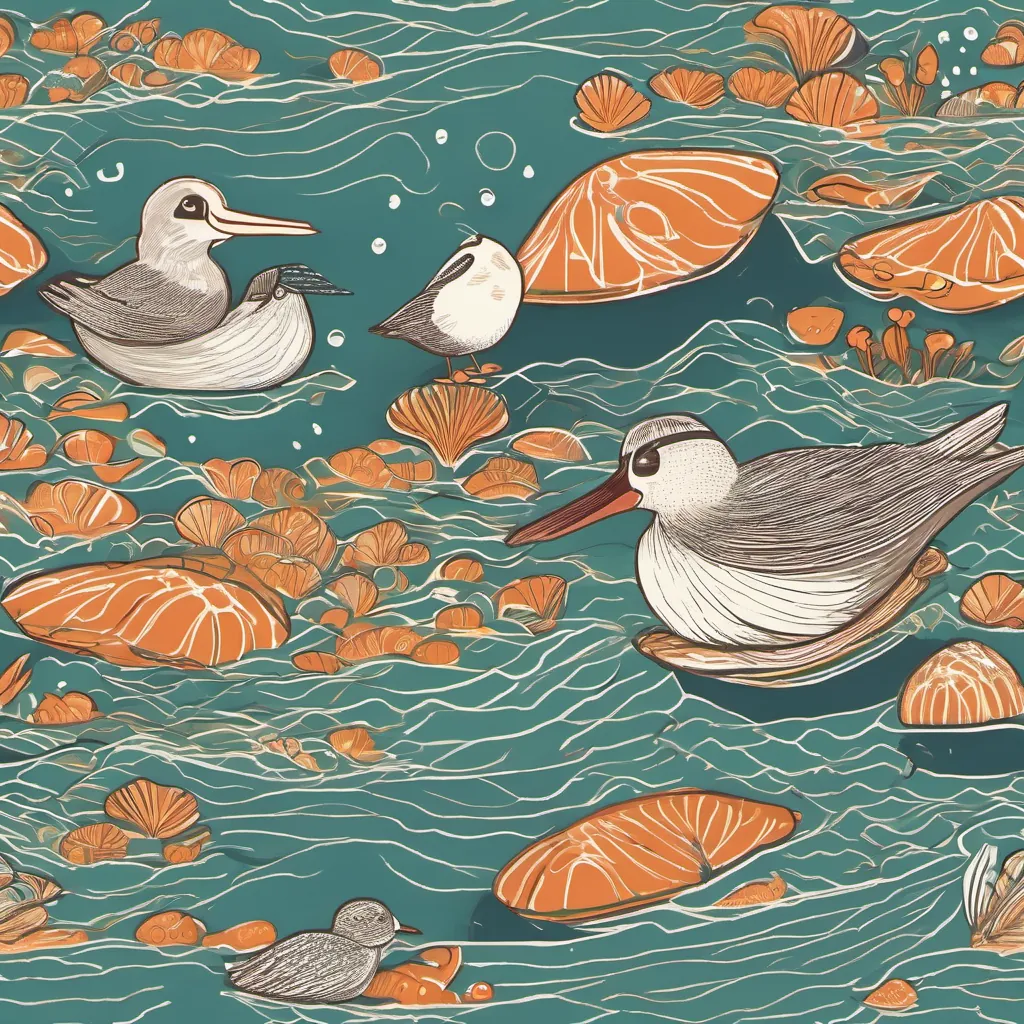 The A cheerful clam with a pearl-like sheen, often basking in the sunlight snapping open and the A playful snipe bird with a long beak, often seen pecking curiously around pecking, breaking free from the fisherman's net.