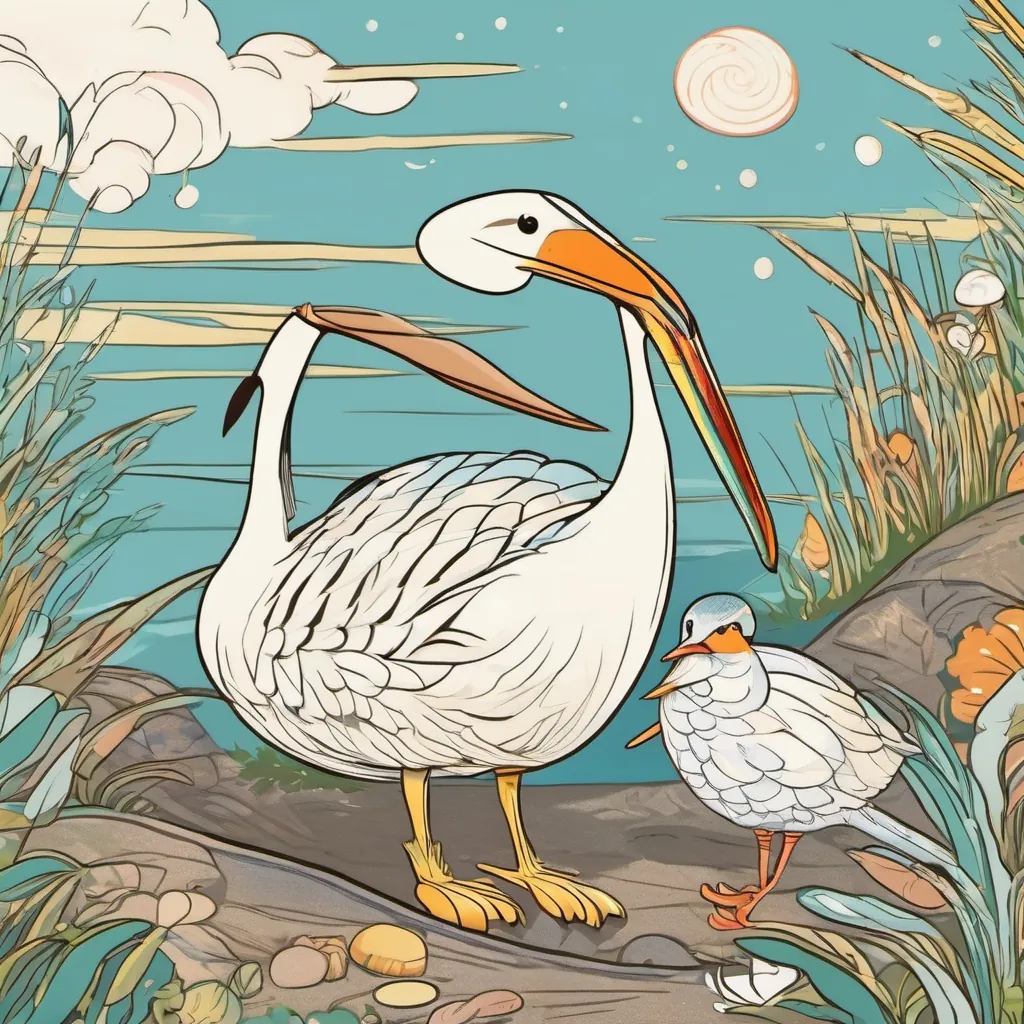 The A cheerful clam with a pearl-like sheen, often basking in the sunlight and the A playful snipe bird with a long beak, often seen pecking curiously around playing together happily under the sunny sky, having become friends.