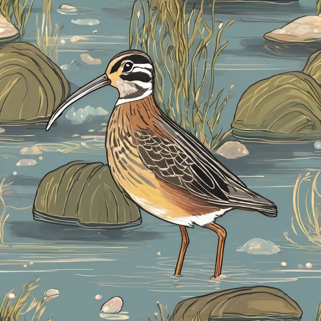 The A playful snipe bird with a long beak, often seen pecking curiously around playfully pecking at the A cheerful clam with a pearl-like sheen, often basking in the sunlight's shell under the moonlight.