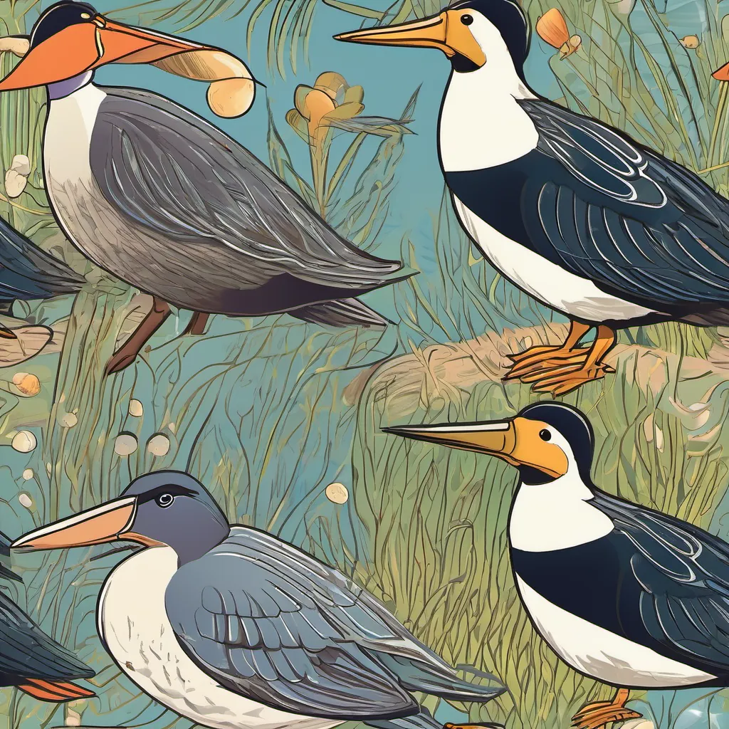The A cheerful clam with a pearl-like sheen, often basking in the sunlight snapping its shell shut on the A playful snipe bird with a long beak, often seen pecking curiously around's beak, with a surprised expression on the A playful snipe bird with a long beak, often seen pecking curiously around.