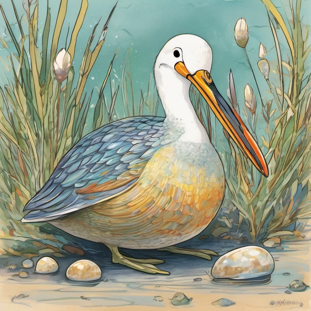 The A cheerful clam with a pearl-like sheen, often basking in the sunlight and the A playful snipe bird with a long beak, often seen pecking curiously around locked in a stalemate, both refusing to let go.