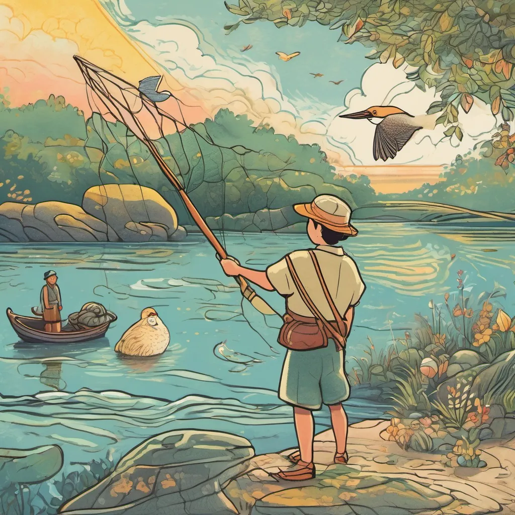 A fisherman arriving at the scene, preparing to throw a wide net over the A cheerful clam with a pearl-like sheen, often basking in the sunlight and the A playful snipe bird with a long beak, often seen pecking curiously around.