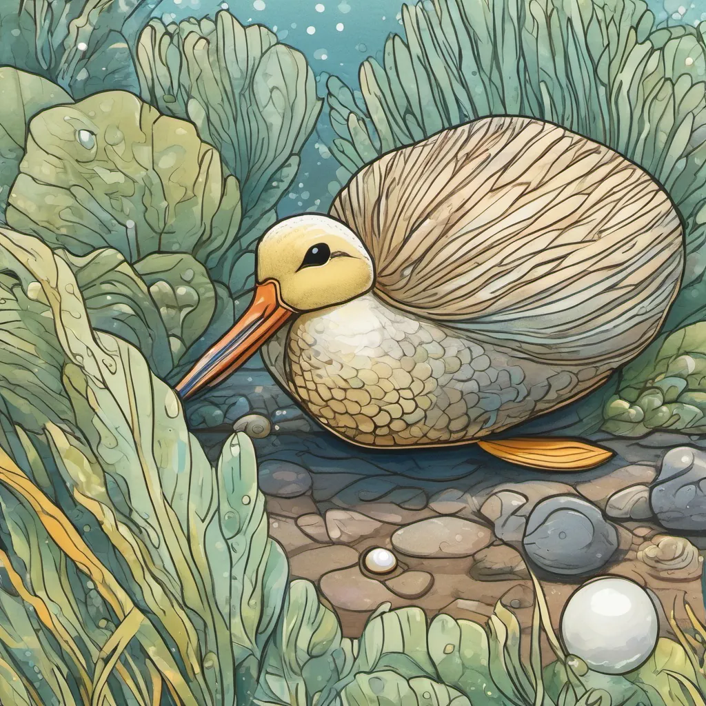 The A cheerful clam with a pearl-like sheen, often basking in the sunlight and the A playful snipe bird with a long beak, often seen pecking curiously around agreeing to work together to escape, looking determined.