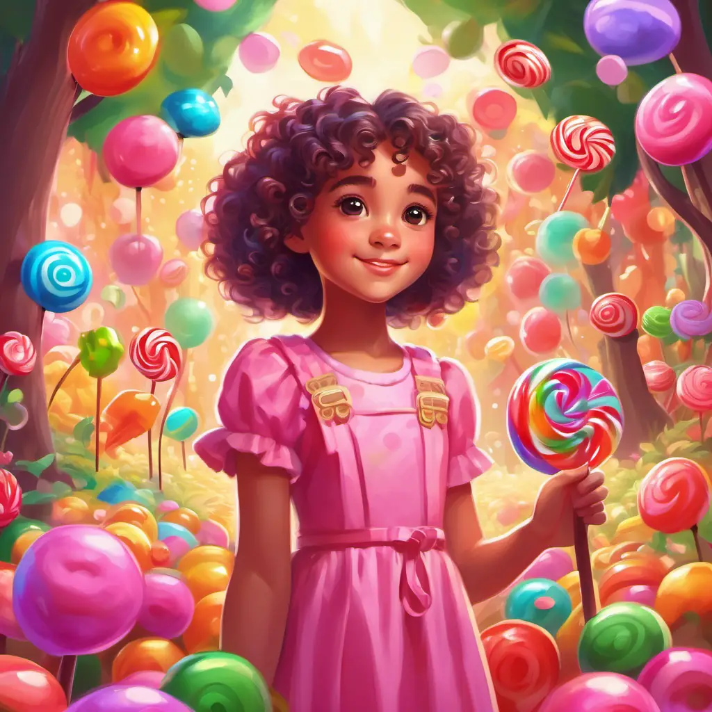 Curly-haired girl, wearing a pink dress, with bright, sparkly eyes enters a colorful candy forest, surrounded by lollipops and gummy bears.