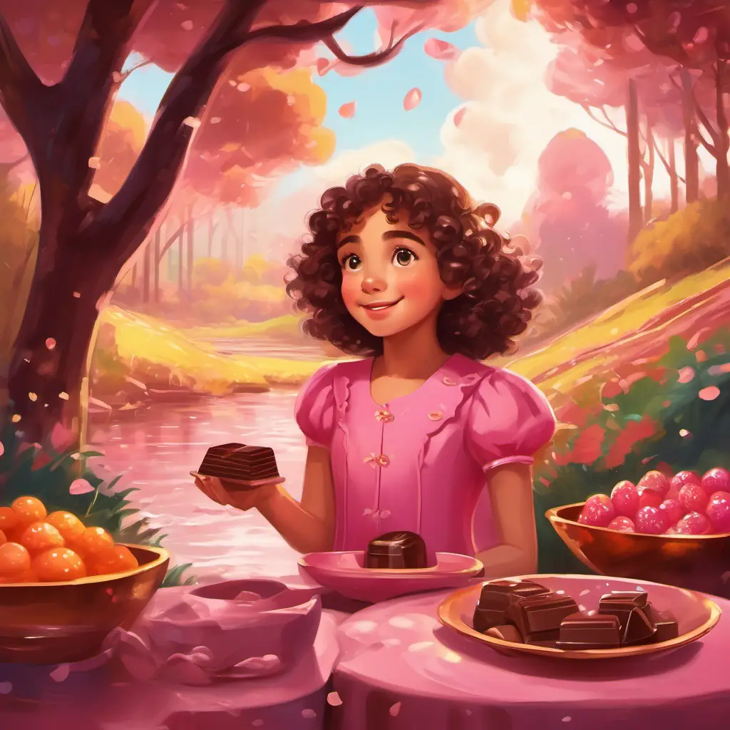 Curly-haired girl, wearing a pink dress, with bright, sparkly eyes discovers a chocolate river and tastes the delicious chocolate.