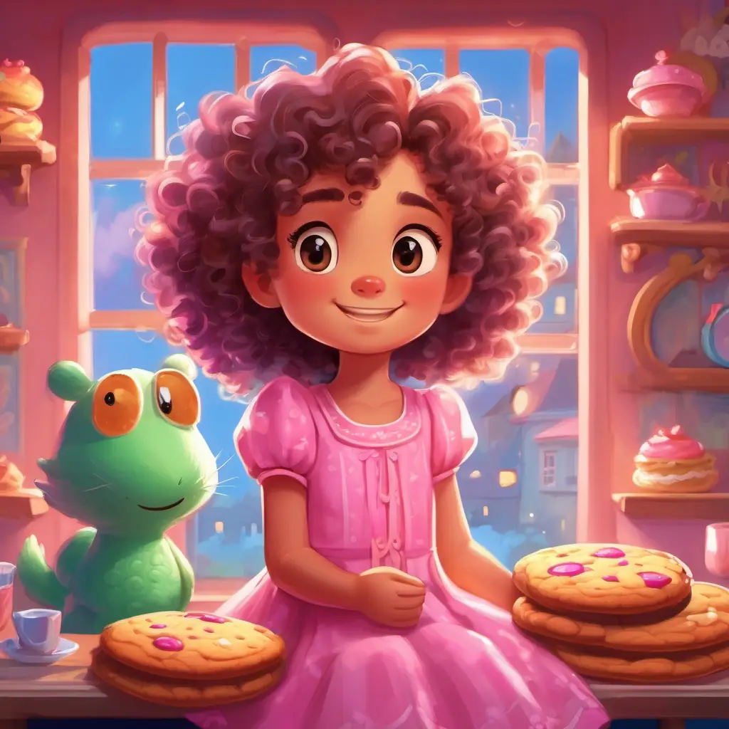 Curly-haired girl, wearing a pink dress, with bright, sparkly eyes meets talking cookie friends and enjoys their captivating stories.