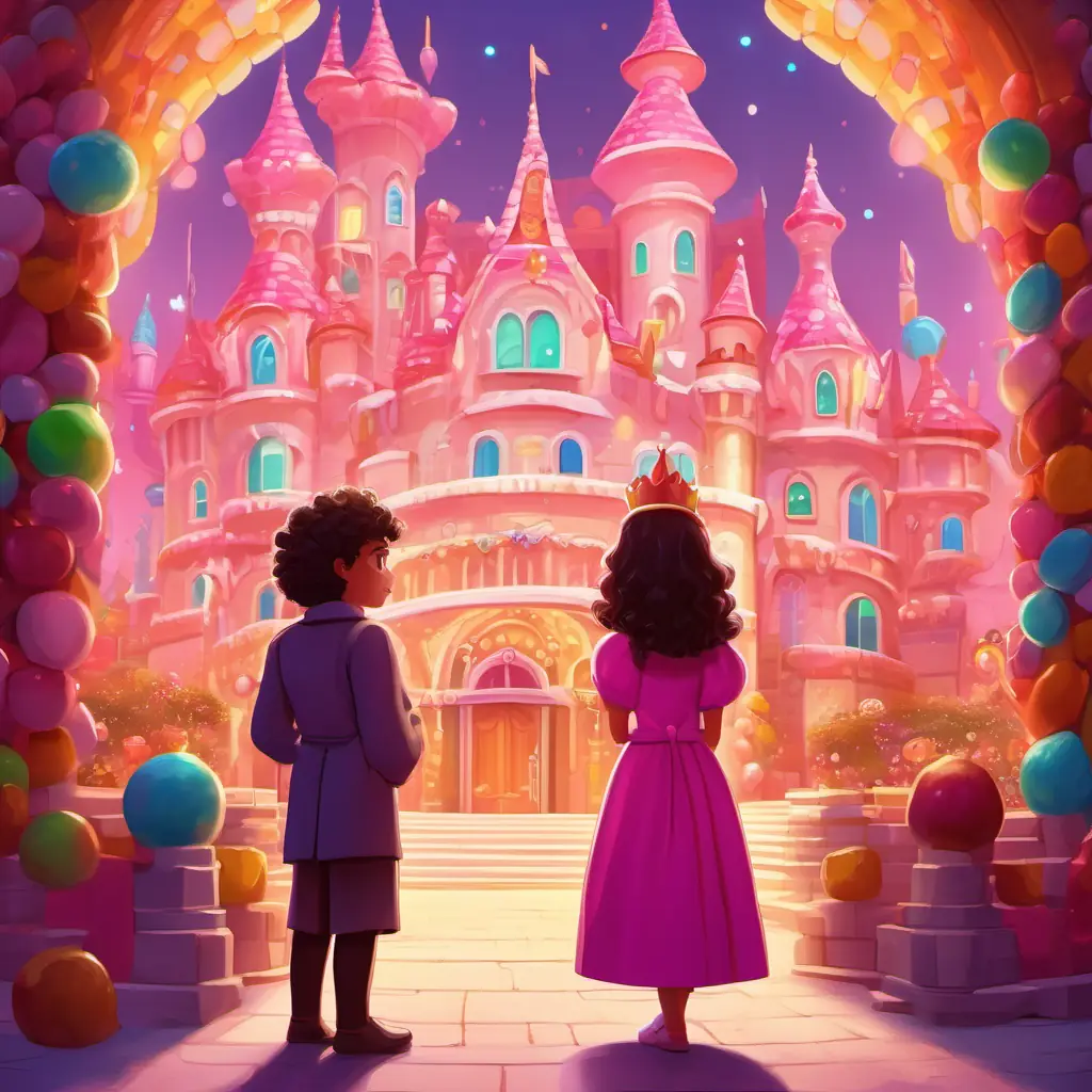 Curly-haired girl, wearing a pink dress, with bright, sparkly eyes visits the grand candy castle and meets Rotund man with a candy crown, wearing a colorful robe, who talks about imagination and friendship.
