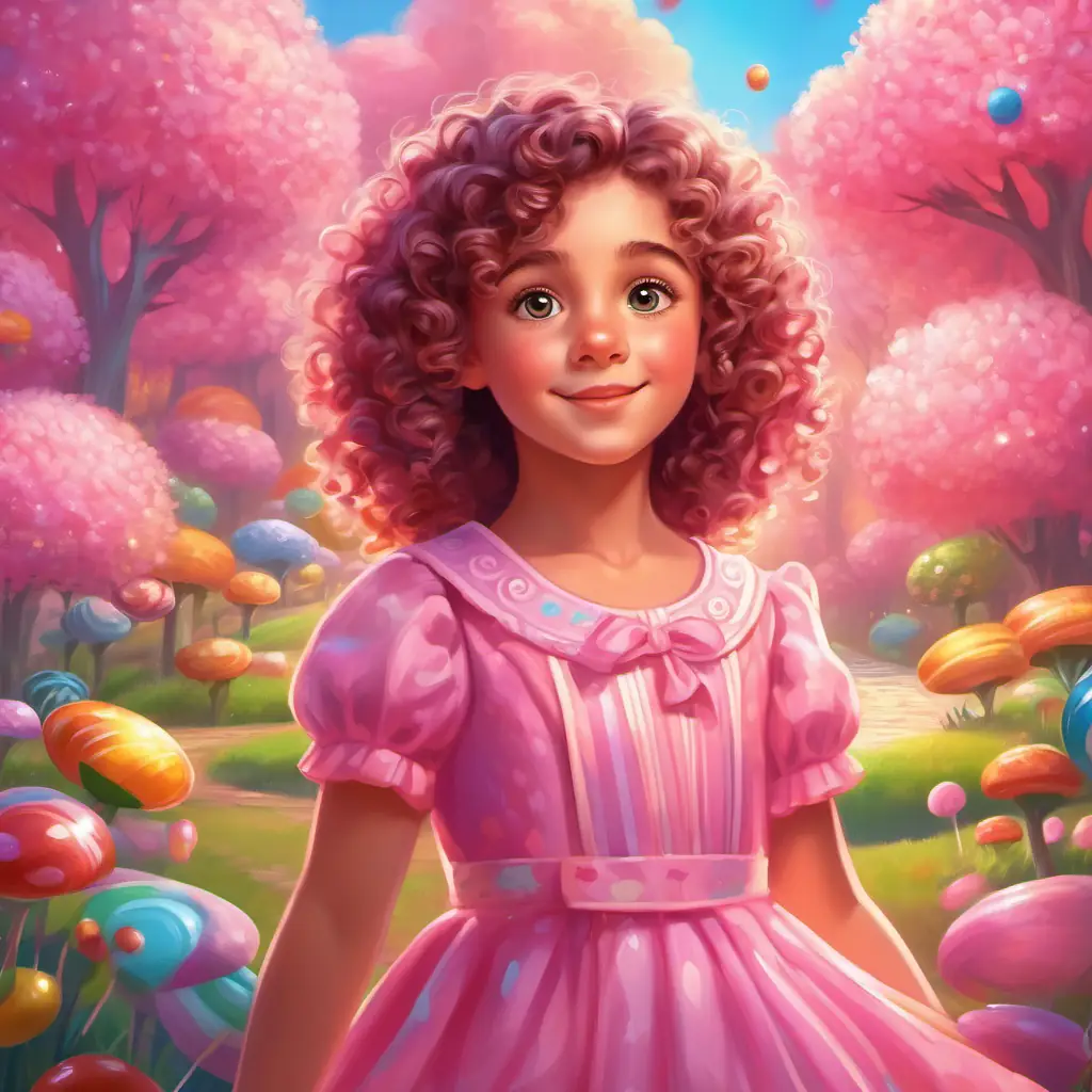 Curly-haired girl, wearing a pink dress, with bright, sparkly eyes learns the importance of imagination and kindness and bids farewell to Candyland.