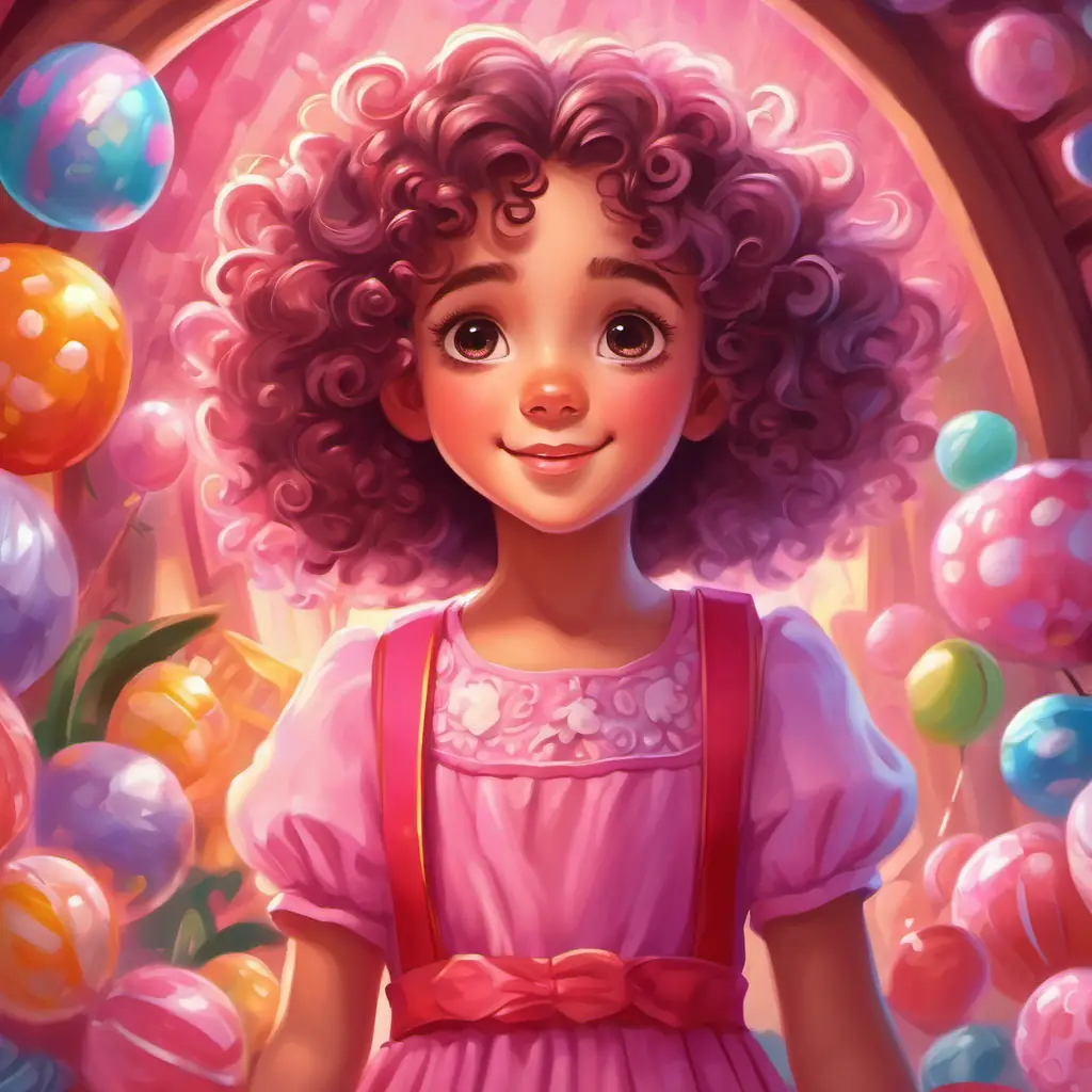 Curly-haired girl, wearing a pink dress, with bright, sparkly eyes wakes up with newfound wisdom and hopes to visit Candyland in her dreams.