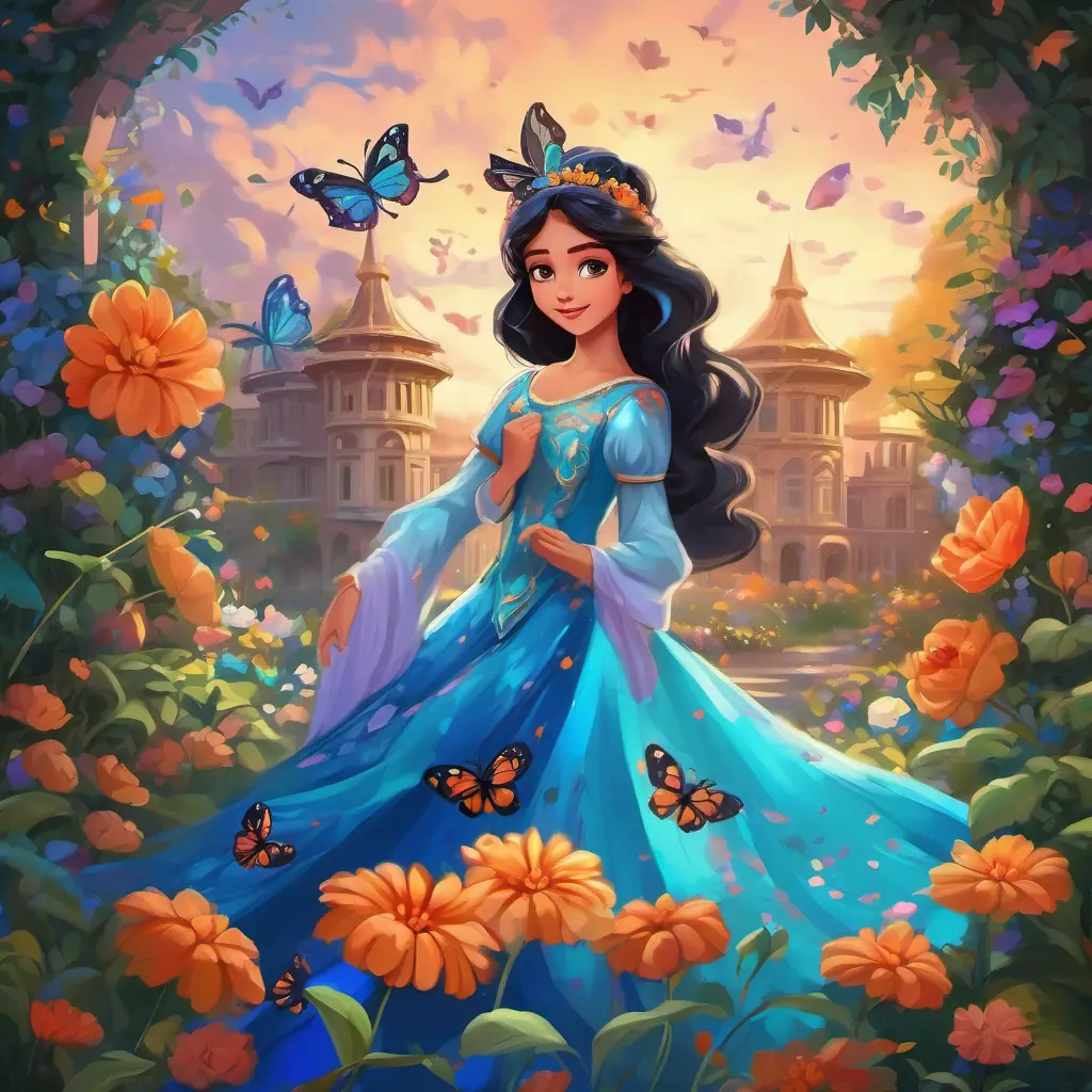 Beautiful ebony hair, fair skin, bright blue eyes Kind-hearted princess in the palace garden surrounded by colorful flowers, with a magical butterfly flying around her