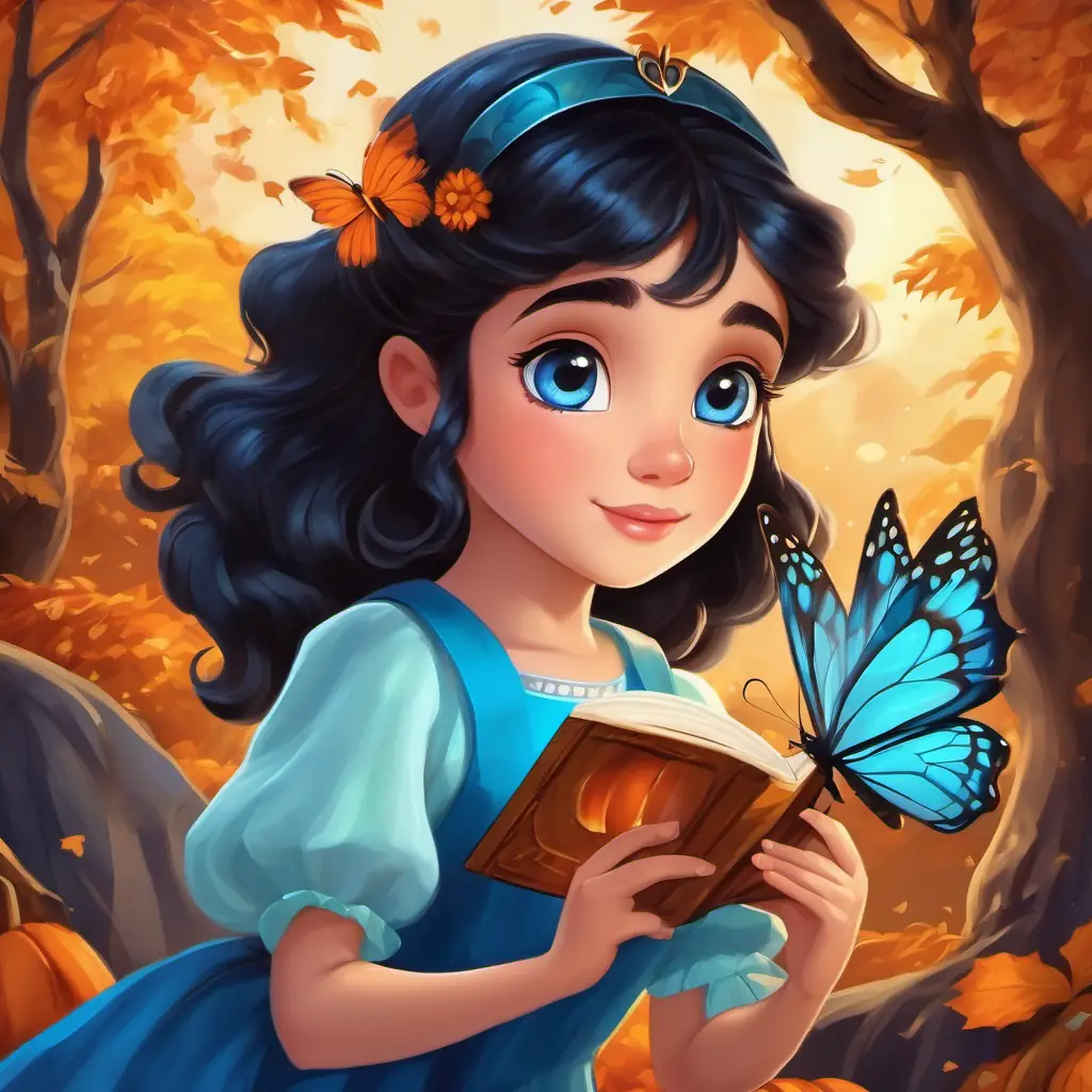 Beautiful ebony hair, fair skin, bright blue eyes Kind-hearted princess listening to the magical butterfly with wonder and excitement