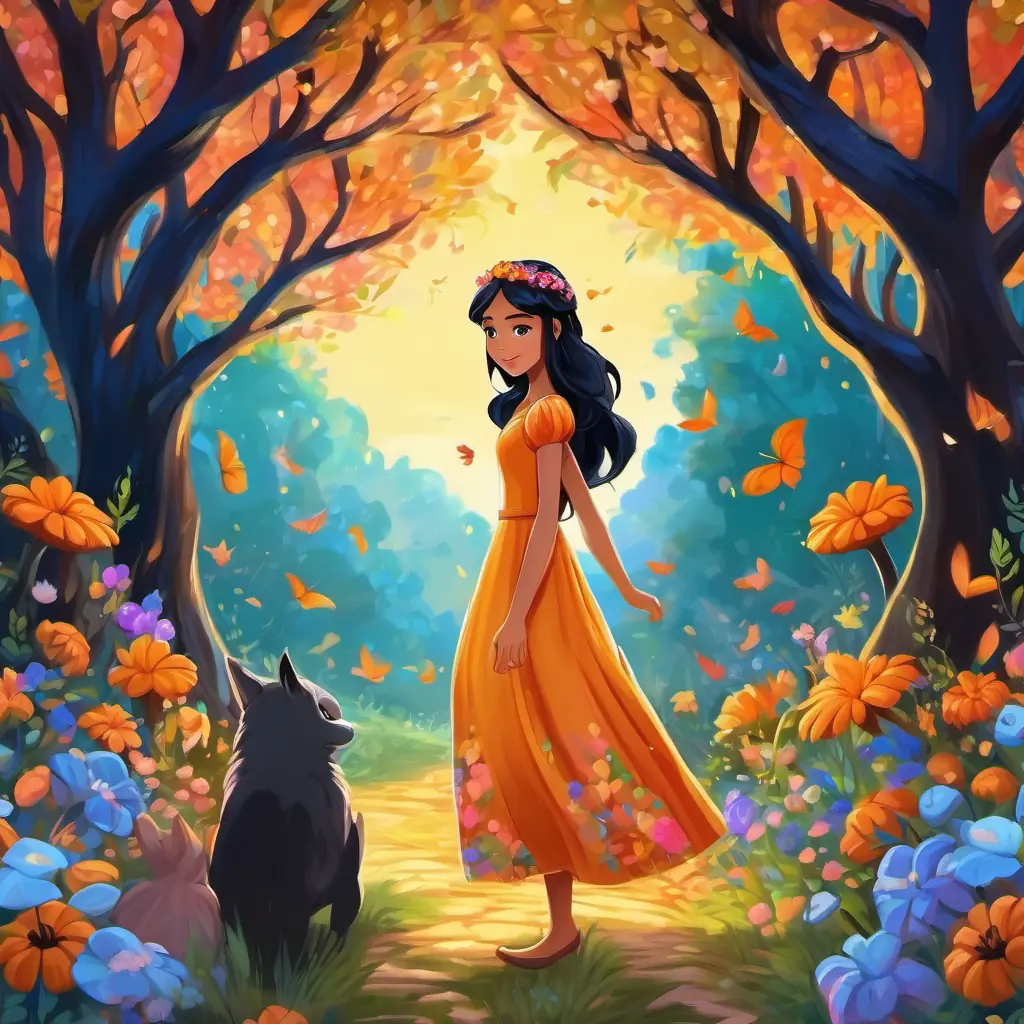 Beautiful ebony hair, fair skin, bright blue eyes Kind-hearted princess walking through an enchanted forest, surrounded by colorful flowers, talking animals, and fairies