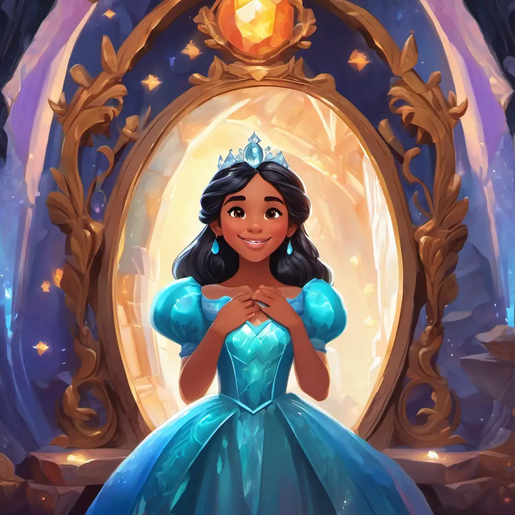 Beautiful ebony hair, fair skin, bright blue eyes Kind-hearted princess standing in front of the magical mirror in the Crystal Cave, with a look of joy and realization on her face