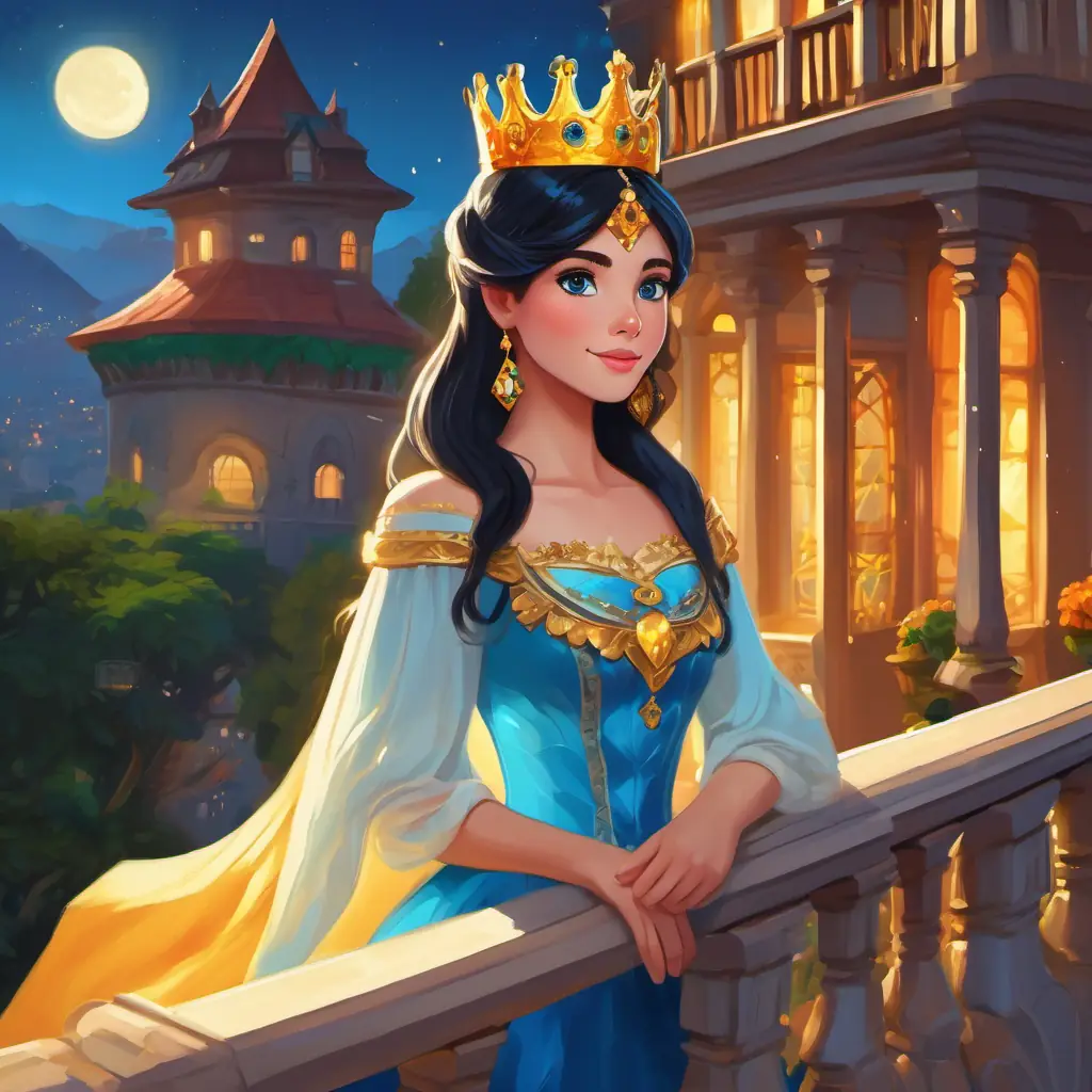 Beautiful ebony hair, fair skin, bright blue eyes Kind-hearted princess wearing a golden crown, standing on a balcony overlooking the kingdom, with a vibrant and prosperous Everglade