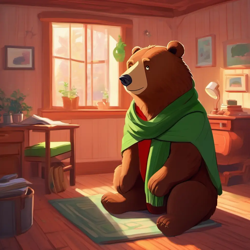 Morning in Warm brown bear, green eyes, wears a little red scarf's room, he's waking up.