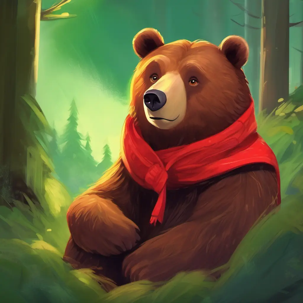 Warm brown bear, green eyes, wears a little red scarf is preparing for an adventure.