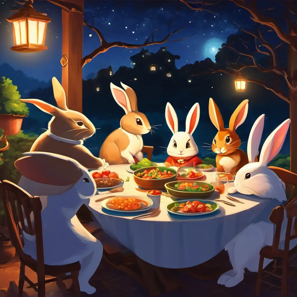 Dinner with the rabbit and friends, nighttime.