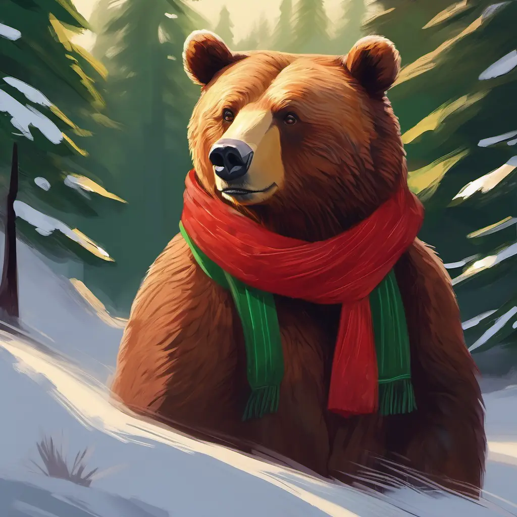 Warm brown bear, green eyes, wears a little red scarf walks home, reflecting on his adventure.