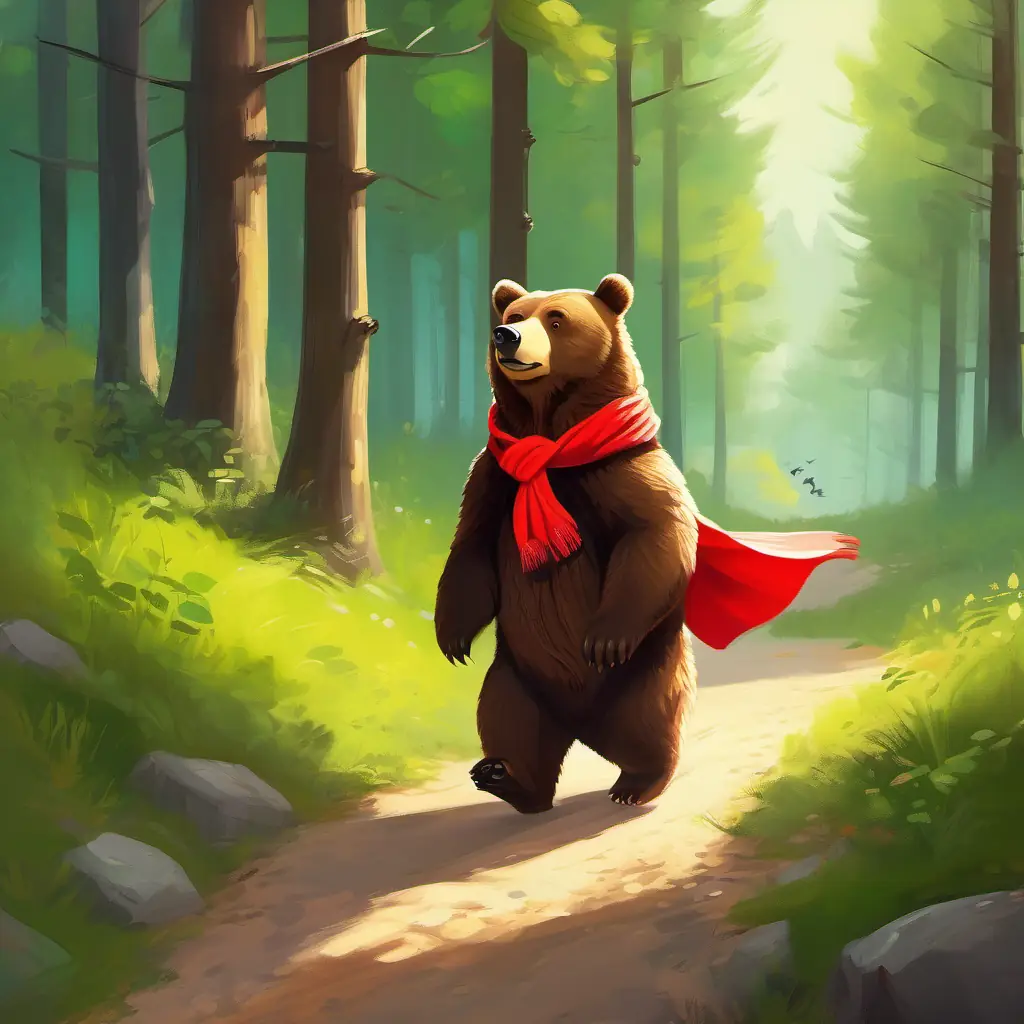 Warm brown bear, green eyes, wears a little red scarf walking, listening to birds, in woods.