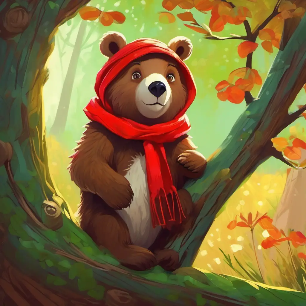 Warm brown bear, green eyes, wears a little red scarf finds a rabbit trapped under branch.