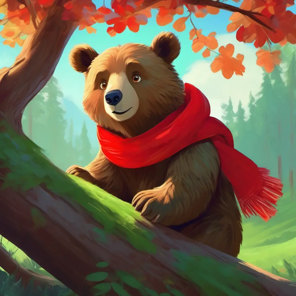 Warm brown bear, green eyes, wears a little red scarf helps free the rabbit from under branch.