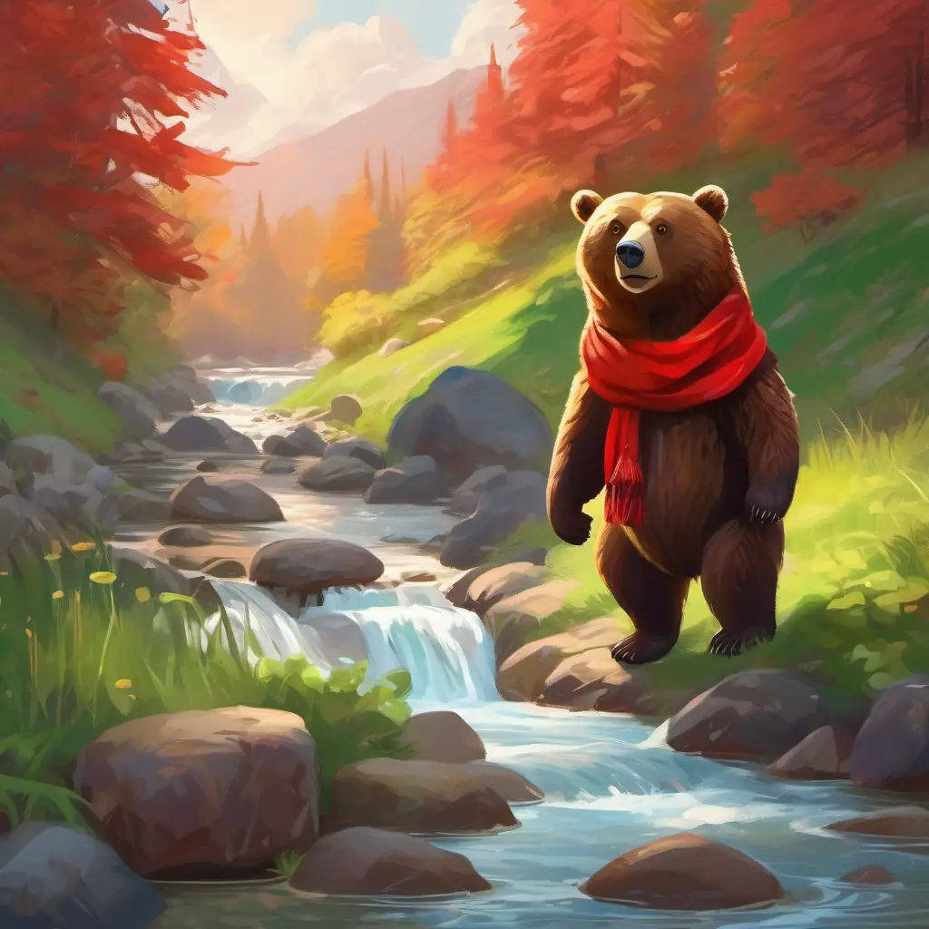 Warm brown bear, green eyes, wears a little red scarf moves on, crosses stream using stones.