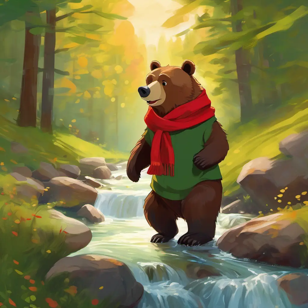 Warm brown bear, green eyes, wears a little red scarf slips into stream, but remains joyful.