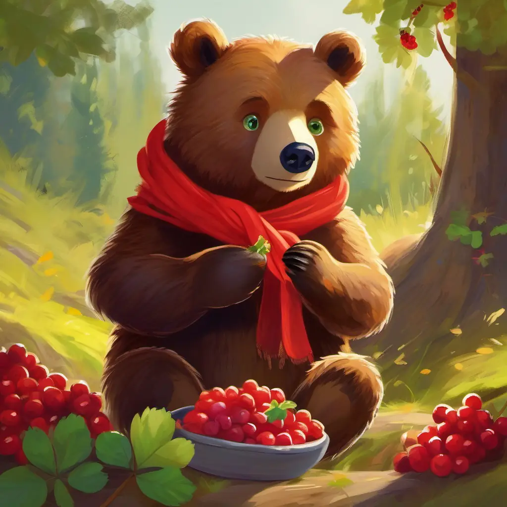 Warm brown bear, green eyes, wears a little red scarf finds berries, enjoys a snack.