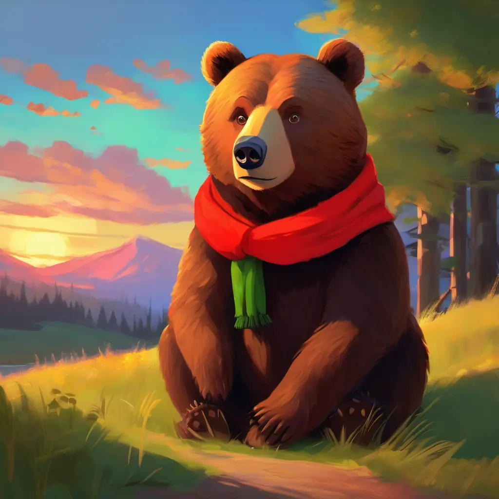 Sunset begins, Warm brown bear, green eyes, wears a little red scarf realizes it's late.