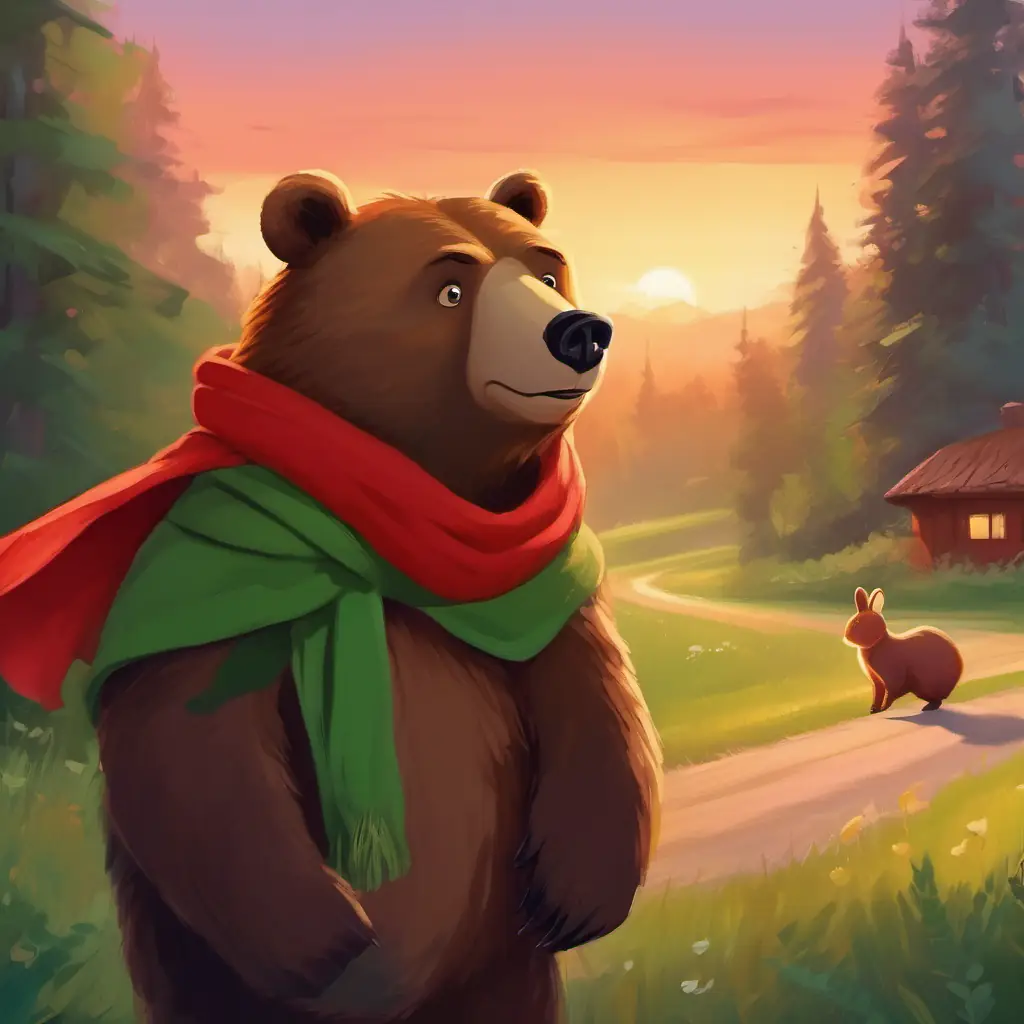 Warm brown bear, green eyes, wears a little red scarf heading home, invited to dinner by rabbit.