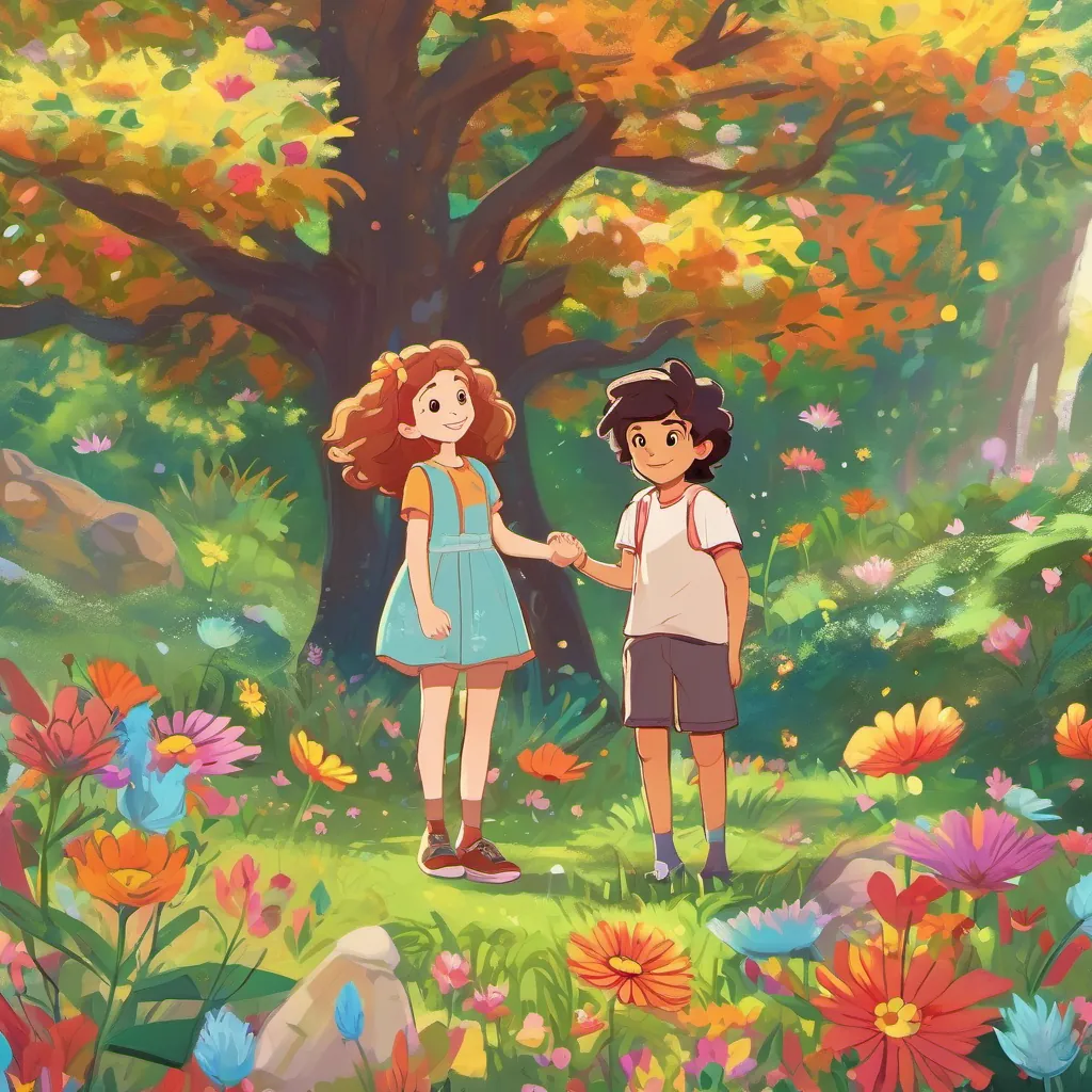 A bright, colorful meadow with vibrant flowers. A cheerful young girl with curly hair and a bright dress, full of curiosity and kindness and A brave and friendly boy with spiky hair, wearing a t-shirt and shorts, always ready for adventure standing in front of a sparkling tree with colorful, gem-like leaves.