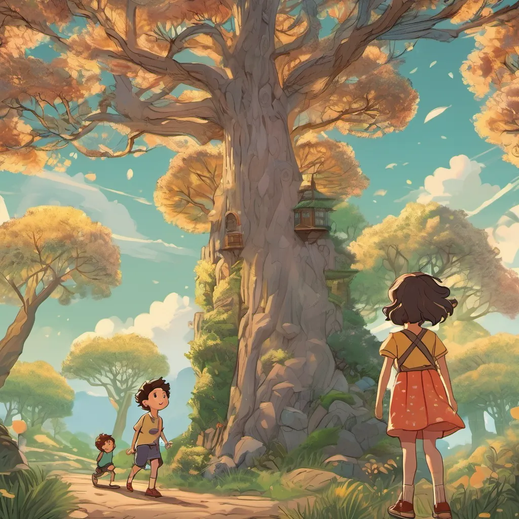 The tree standing tall and strong through winter and summer with A cheerful young girl with curly hair and a bright dress, full of curiosity and kindness and A brave and friendly boy with spiky hair, wearing a t-shirt and shorts, always ready for adventure beside it.