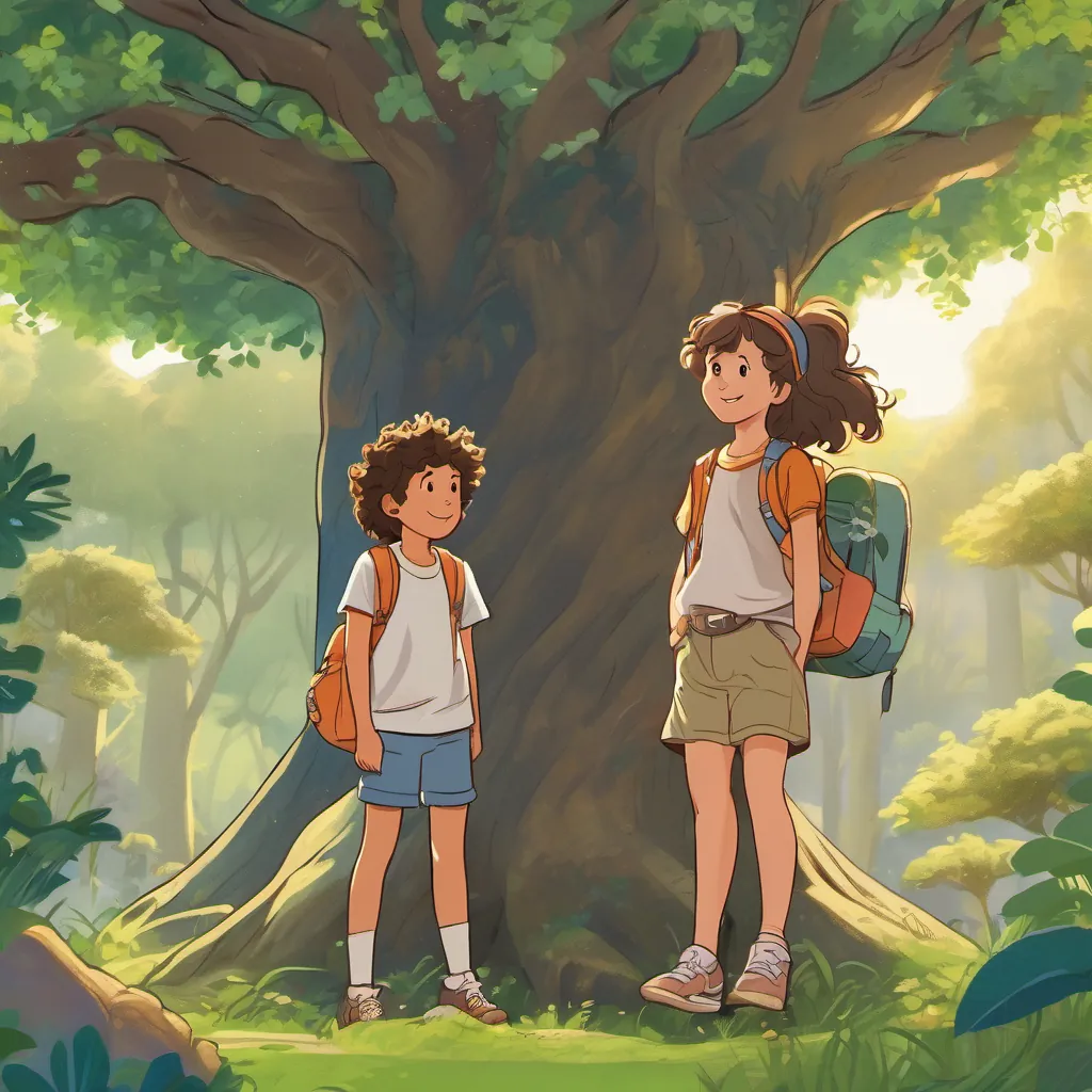 A cheerful young girl with curly hair and a bright dress, full of curiosity and kindness and A brave and friendly boy with spiky hair, wearing a t-shirt and shorts, always ready for adventure looking up at the Friendship Tree, smiling, knowing their bond is forever.