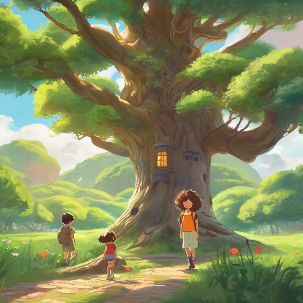 The tree in the meadow with its friendly face speaking to A cheerful young girl with curly hair and a bright dress, full of curiosity and kindness and A brave and friendly boy with spiky hair, wearing a t-shirt and shorts, always ready for adventure.