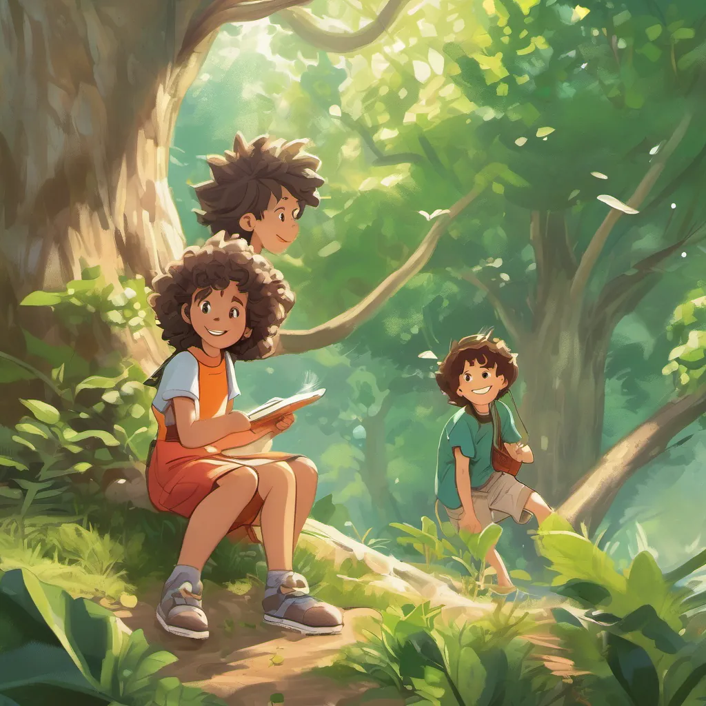 A cheerful young girl with curly hair and a bright dress, full of curiosity and kindness and A brave and friendly boy with spiky hair, wearing a t-shirt and shorts, always ready for adventure watering the tree and talking to it with smiles on their faces.