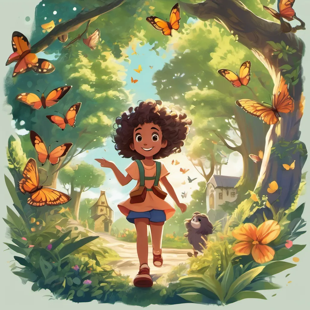 A cheerful young girl with curly hair and a bright dress, full of curiosity and kindness and A brave and friendly boy with spiky hair, wearing a t-shirt and shorts, always ready for adventure dancing under the tree while butterflies and birds encircled them.