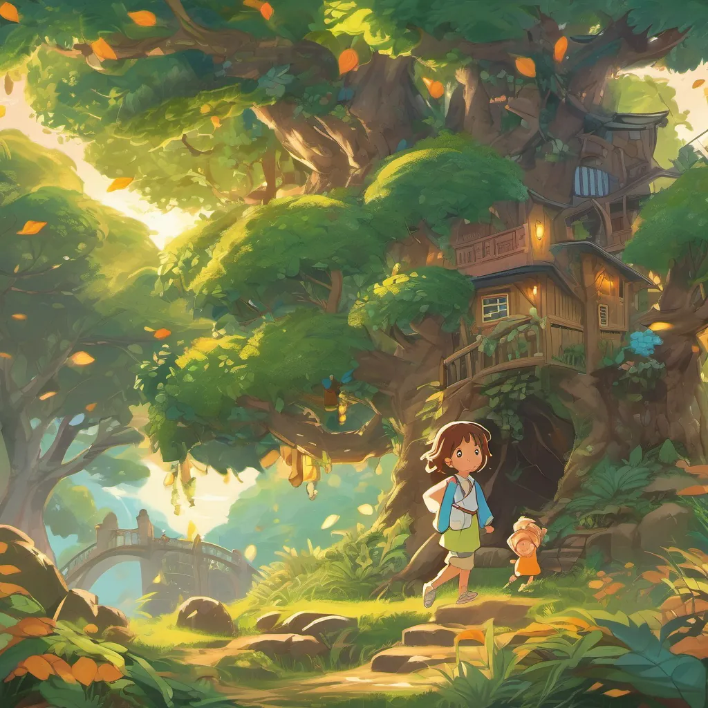 The leaves of the tree glowing even more brightly as A cheerful young girl with curly hair and a bright dress, full of curiosity and kindness and A brave and friendly boy with spiky hair, wearing a t-shirt and shorts, always ready for adventure laugh and play beneath it.