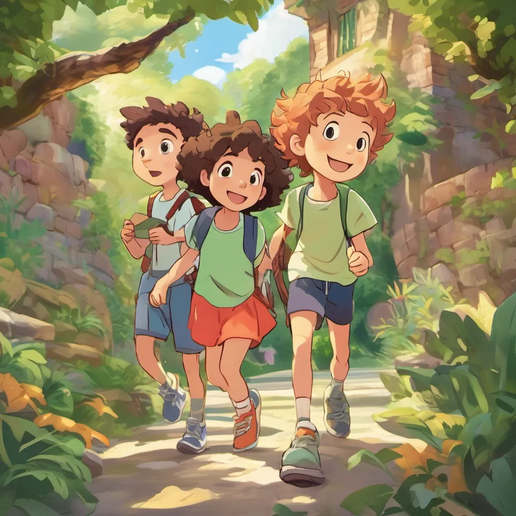 A cheerful young girl with curly hair and a bright dress, full of curiosity and kindness and A brave and friendly boy with spiky hair, wearing a t-shirt and shorts, always ready for adventure looking in astonishment at the new leaf with their names written on it.