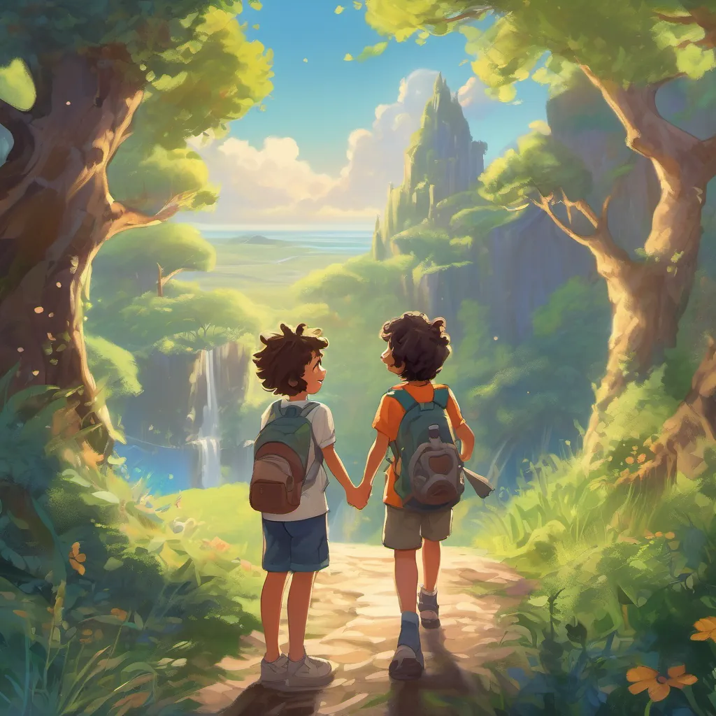 The tree whispering to A cheerful young girl with curly hair and a bright dress, full of curiosity and kindness and A brave and friendly boy with spiky hair, wearing a t-shirt and shorts, always ready for adventure, who are smiling widely.