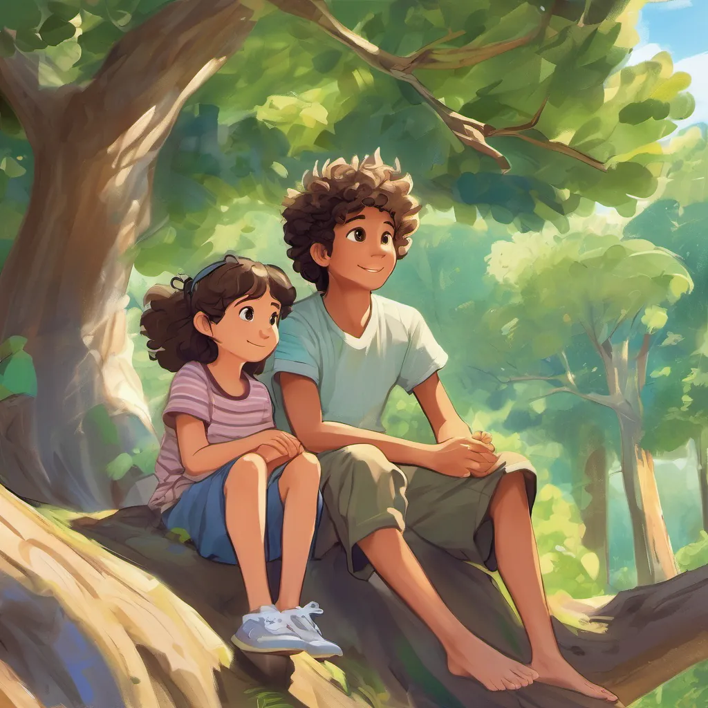 A cheerful young girl with curly hair and a bright dress, full of curiosity and kindness and A brave and friendly boy with spiky hair, wearing a t-shirt and shorts, always ready for adventure sitting together under the tree while its branches sway gently.