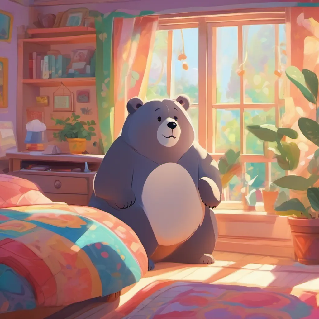 A cheerful, cartoonish bear waking up in a cozy, colorful bedroom with sunlight streaming in through the window.