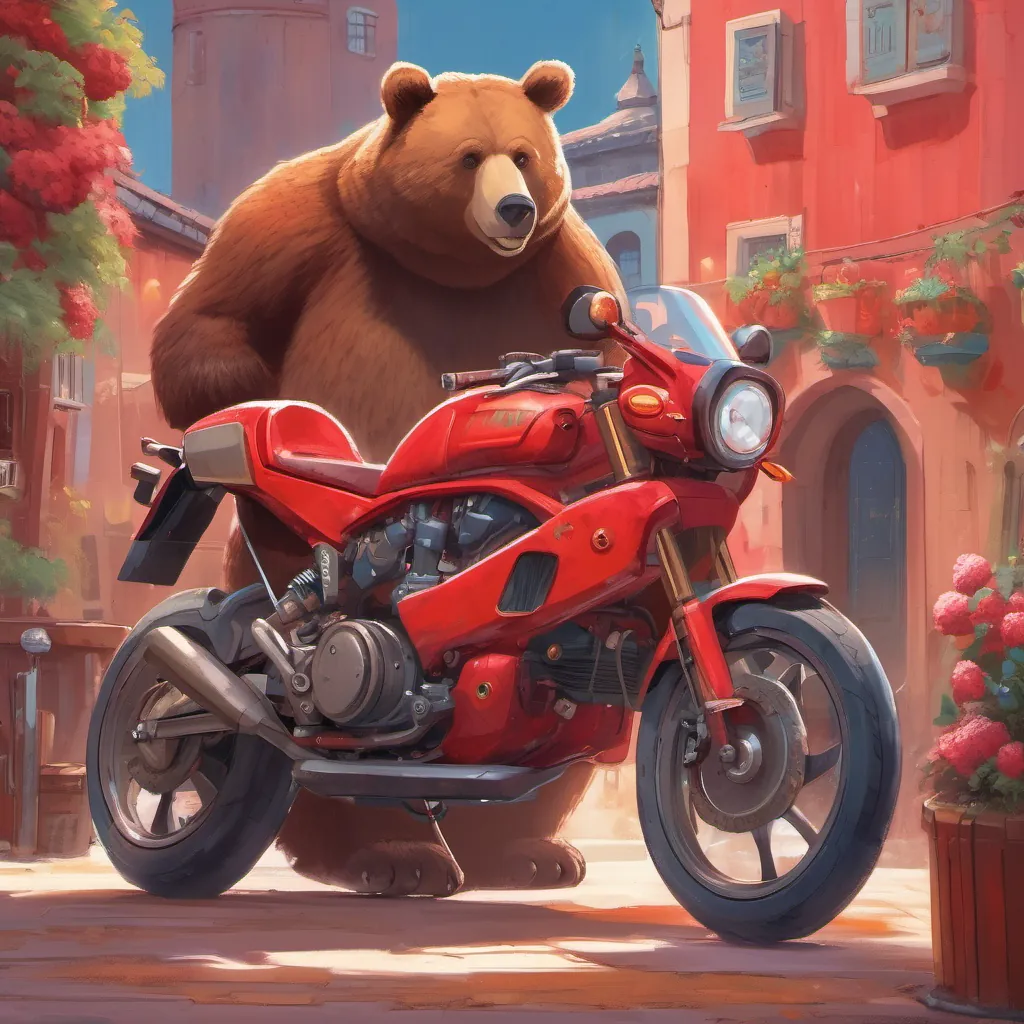 A large, red motorbike with a happy bear getting ready to ride it. The bike looks sleek and has the word 'Biggy' painted on it.
