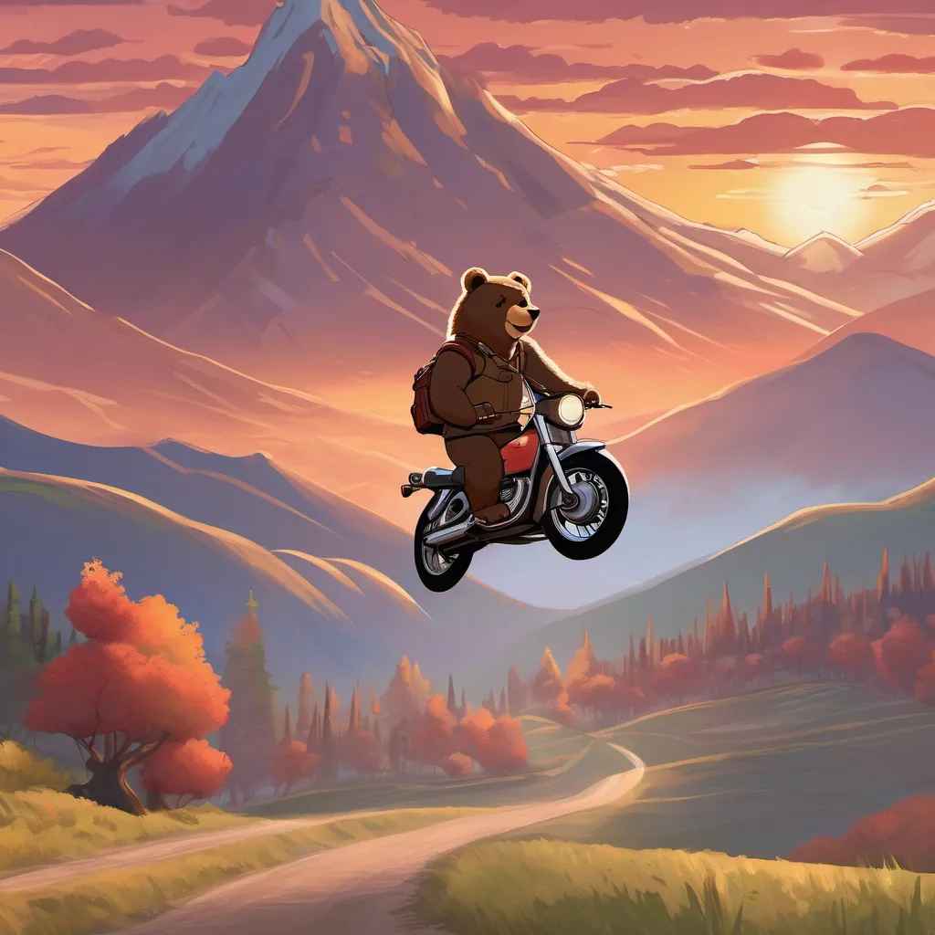 The bear riding the motorbike towards a majestic mountain in the distance, the sun setting behind it.