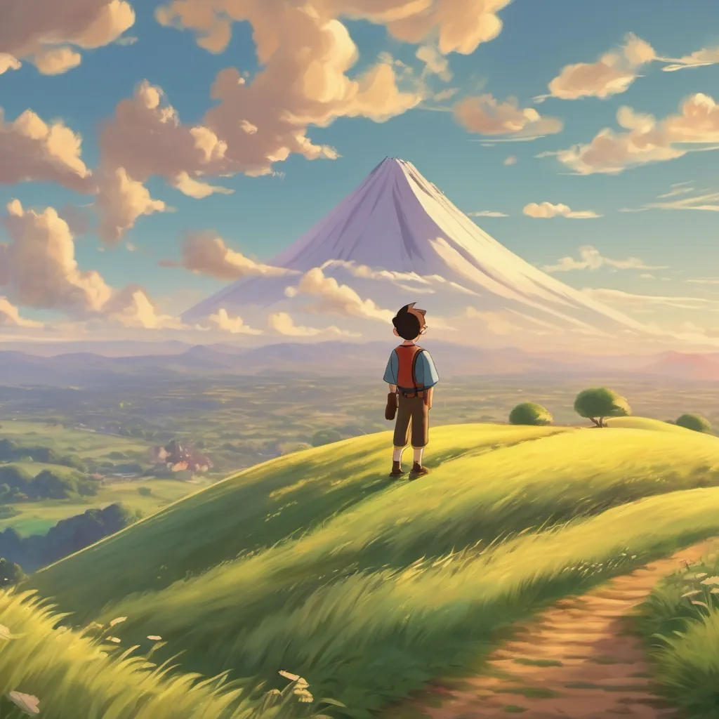 Buzzy standing at the peak, looking out over a vast, beautiful landscape with a satisfied smile.