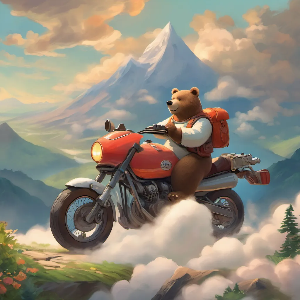 The bear and his motorbike celebrating together at the mountain peak, surrounded by clouds and a beautiful vista.