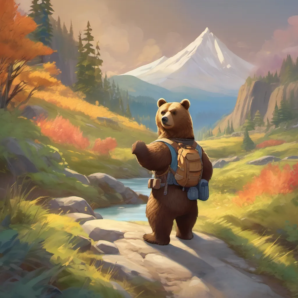 The bear, dressed in adventure gear, pointing towards a distant mountain with a determined look on his face.