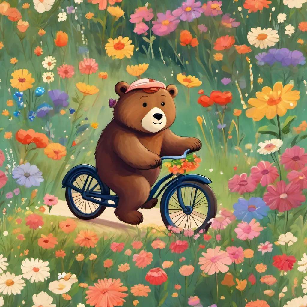 The bear riding his bike through a meadow filled with colorful flowers. Flowers have smiling faces and wave their petals.
