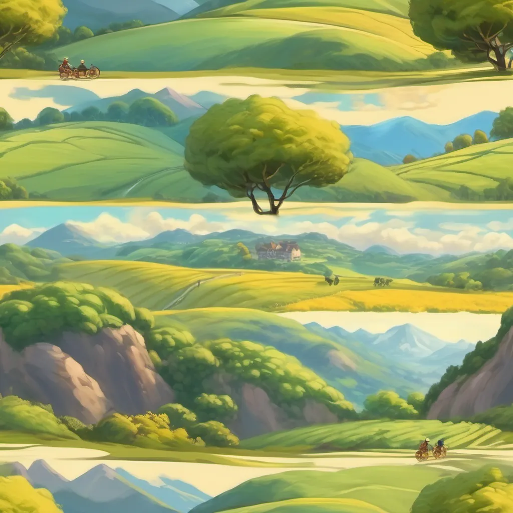 Buzzy riding up and down hills in a picturesque landscape with a wide, bright smile on his face.