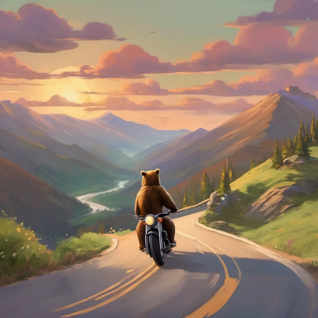 The bear looking concerned as his motorbike makes strange noises on a winding mountain road.